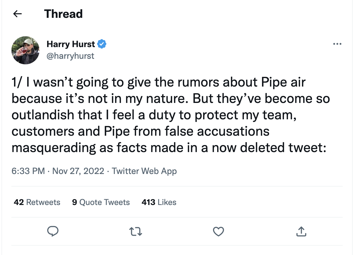 Alors que l'équipe fondatrice de Pipe s'en va, les tensions montent à cause des allégations