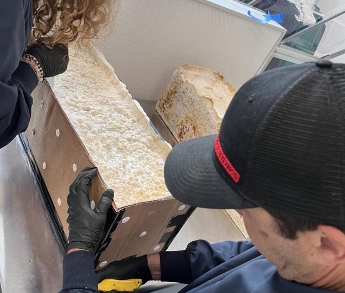 Deux salariés de Mycocycle préparent le traitement à base de mycélium de l'entreprise.