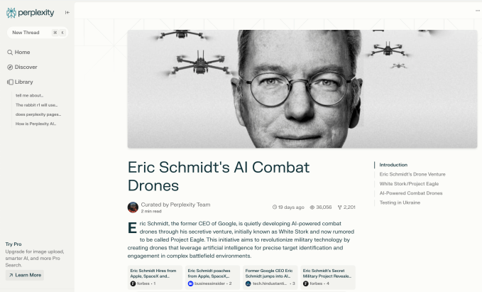 capture d'écran de Perplexity Pages