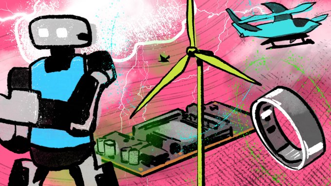 Un collage de dessins d'objets comprenant un robot, un circuit imprimé, un anneau, un drone et une éolienne