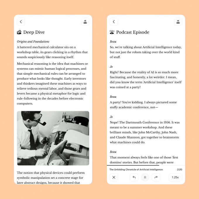 Une autre paire de captures d'écran montrant un épisode de plongée profonde et de podcast dans l'application de hautbois.